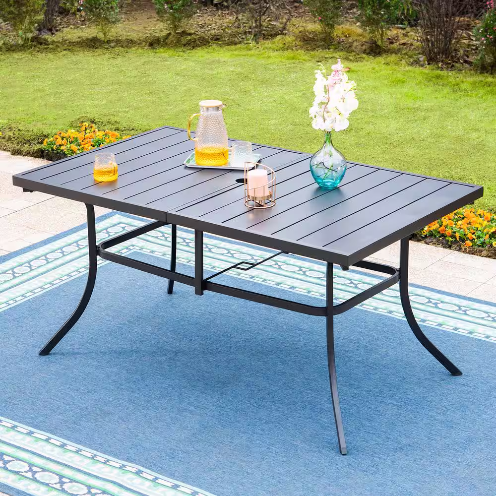 None 7-Piece Metal Rectangular Outdoor Dining Set with Beige Cushions