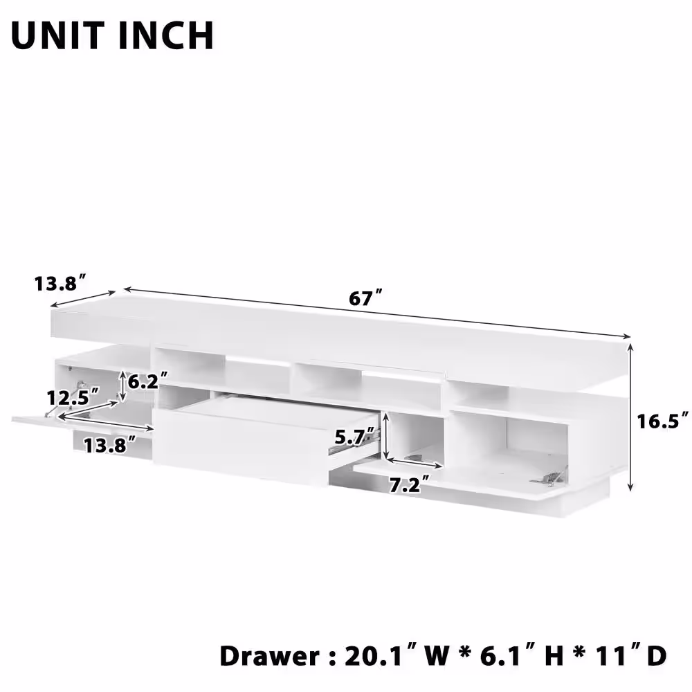 Harper & Bright Designs White Modern High Gloss TV Stand Fits TV's up to 75 in. with 16-color RGB LED Color Changing Lights and 4 Open Shelves