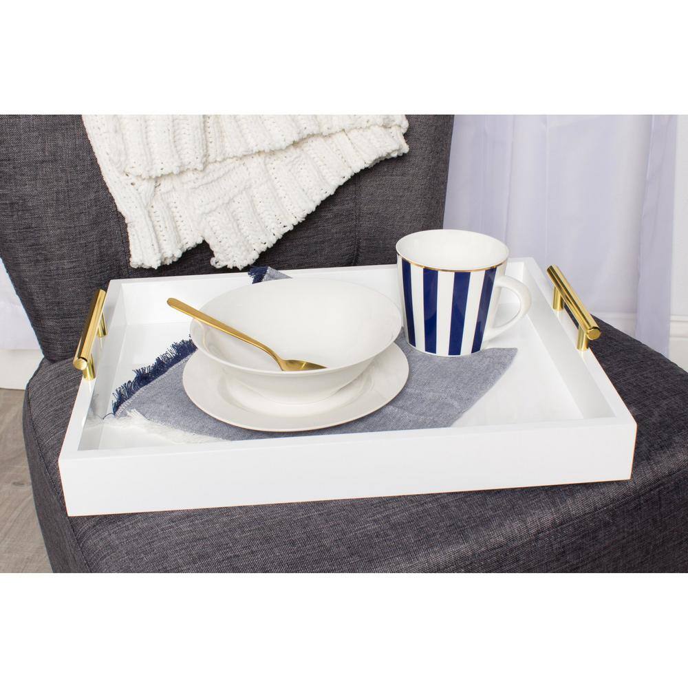 None 12.25 x 16.50 in White Rectangle Wood Decorative Tray with Polished Metal Handle
