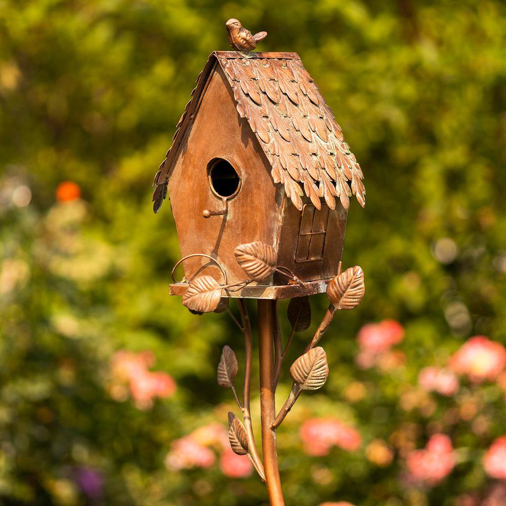 Zaer Ltd. International 66.5 in. Tall Country Style Iron Birdhouse Stake Cottage House