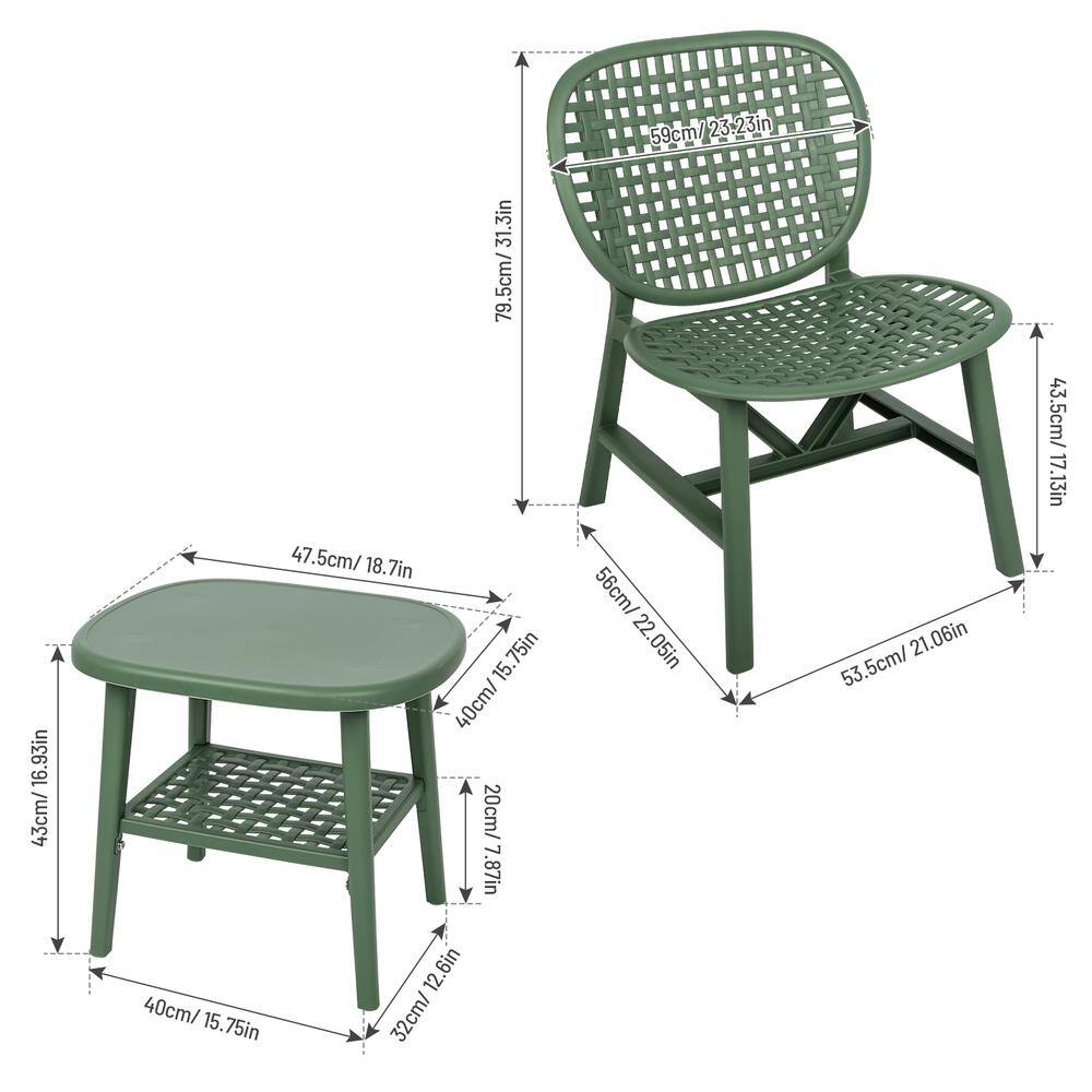None Green 3-Piece Composite Hollow Design Outdoor Serving Bistro Set for Balcony Garden Yard