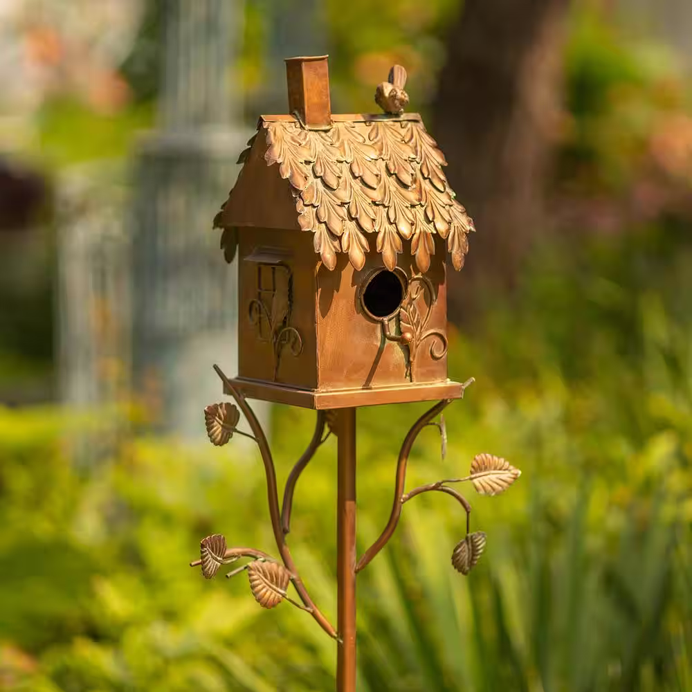 Zaer Ltd. International 65 in. Tall Country Style Iron Birdhouse Stake Chimney House