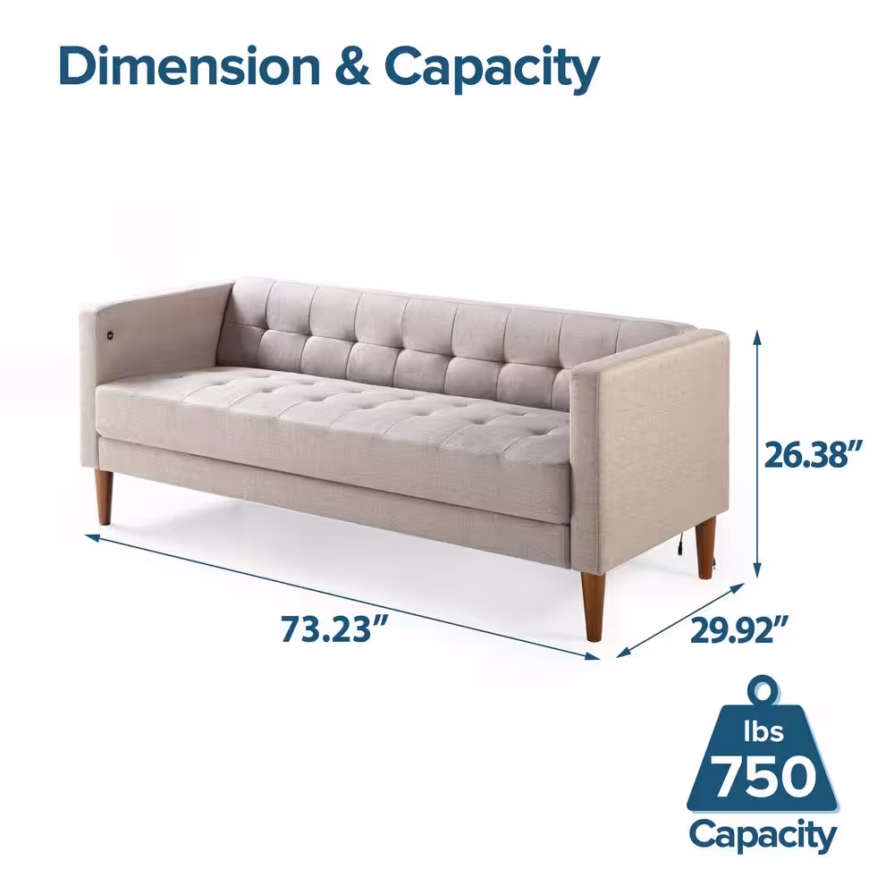 Zinus Pascal 73 in. OatmealÂ PolyesterÂ 3-Seat Sofa with USB Ports