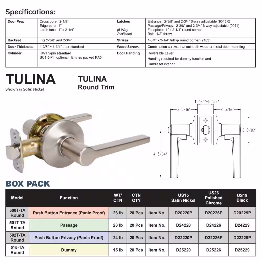 DELANEY HARDWARE Tulina Contemporary Style Satin Nickel Straight Rectangle Hall/Closet Passage Set Door Lever