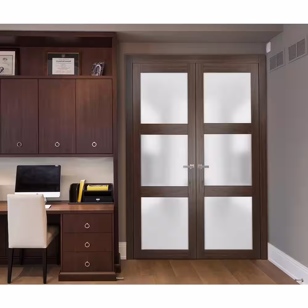 Sartodoors 2552 72 in. x 84 in. Universal Hanling 3-Lite Frosted Glass Solid Brown Finished Pine Wood Interior Door Slab