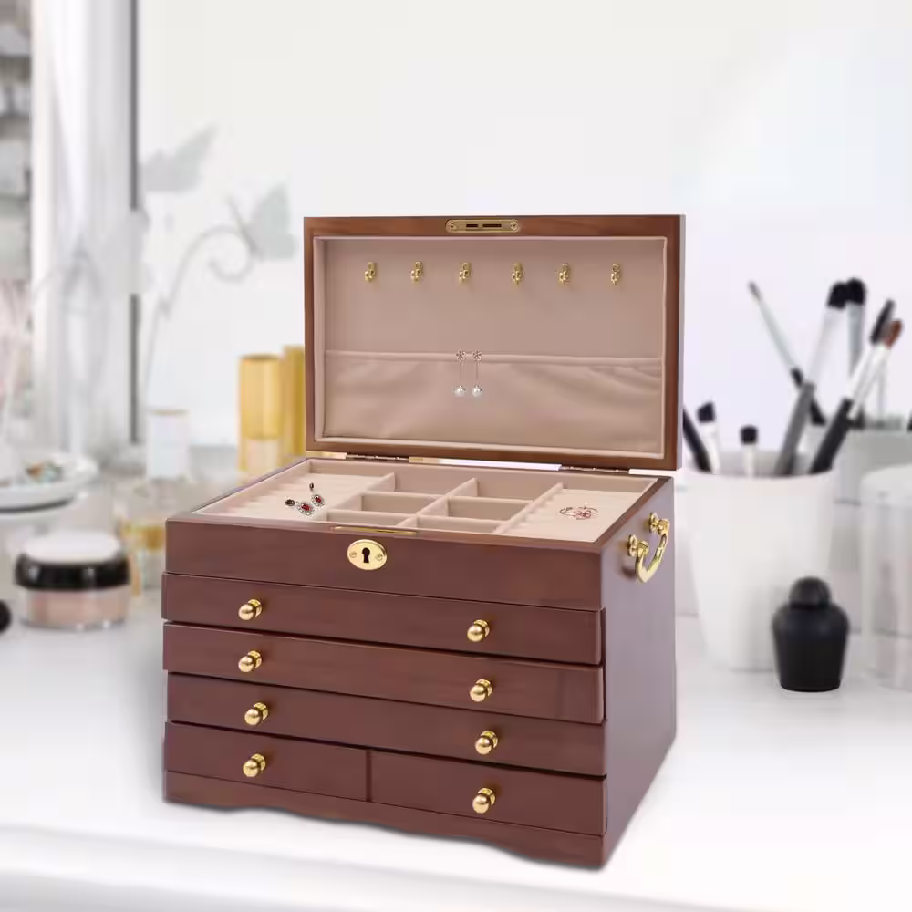 None Walnut Color Jewelry Box Organizer Box of Solid Wood with Combo Lock for Jewelries Watches Necklace Ring Storage Box