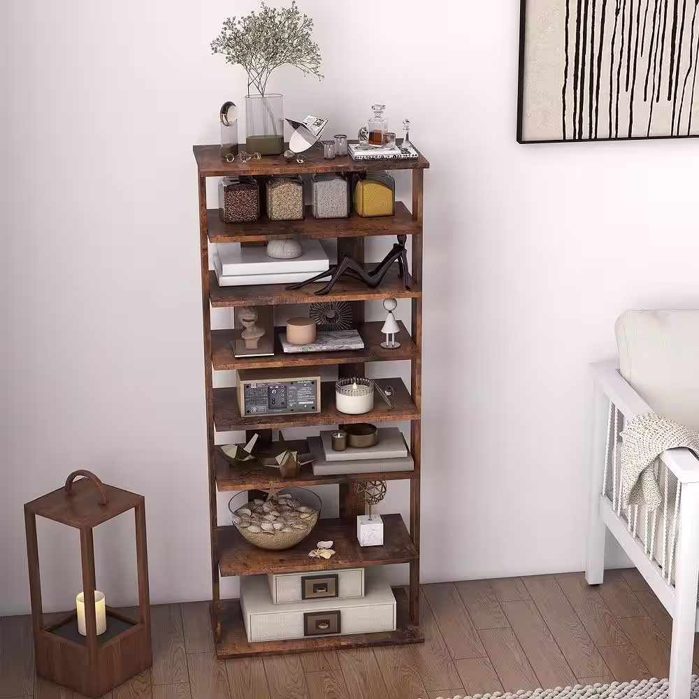 Costway 7-Tier 43.5 in. H 14-Pair Rustic Brown Double Rows Shoe Rack Vertical Wooden Shoe Storage Organizer Patented
