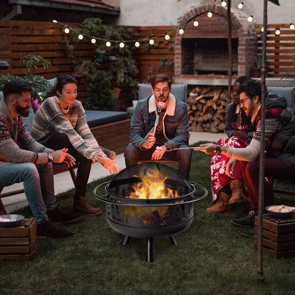 Alpulon Sphere 36 in. x 24 in. H Round Metal Wood and Coal Burning Outdoor Fire Pit and Grill in Black with Poker
