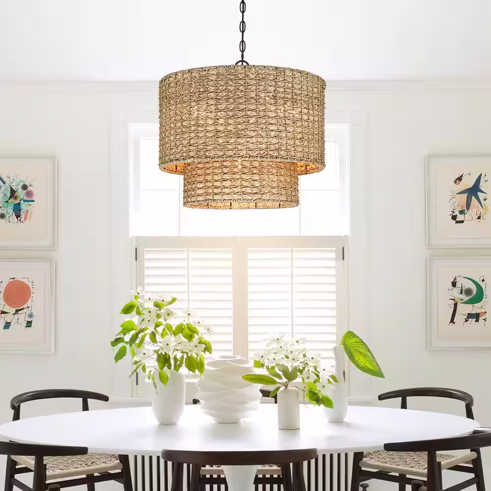 TRUE FINE Elis 20 in. 4-Light Natural Rattan Traditional Drum Pendant Light Black Canopy