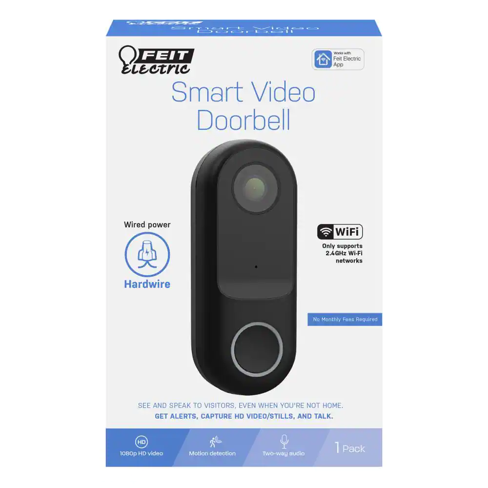Feit Electric HD 1080P Hardwired Wi-Fi Smart Outdoor Black Doorbell Surveillance Home Security Camera Motion Sound Detection (3-Pack)