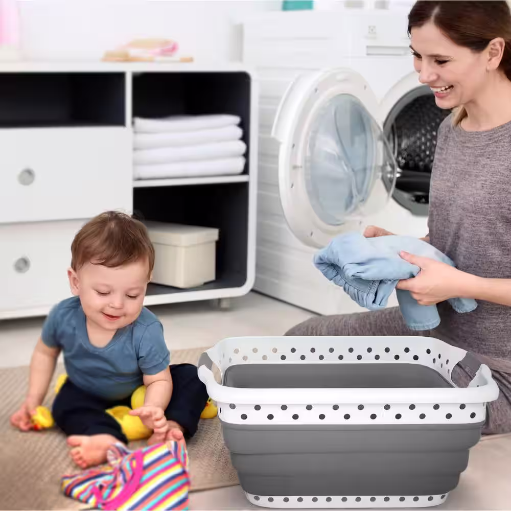 None Gray Collapsible Plastic Multiuse Pop-Up Hamper with Handles Folds Down for Space-Saving Storage