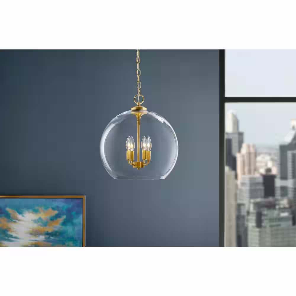 Home Decorators Collection Kingsley 4-Light Aged Brass Oversized Pendant Light Fixture with Clear Glass Shade