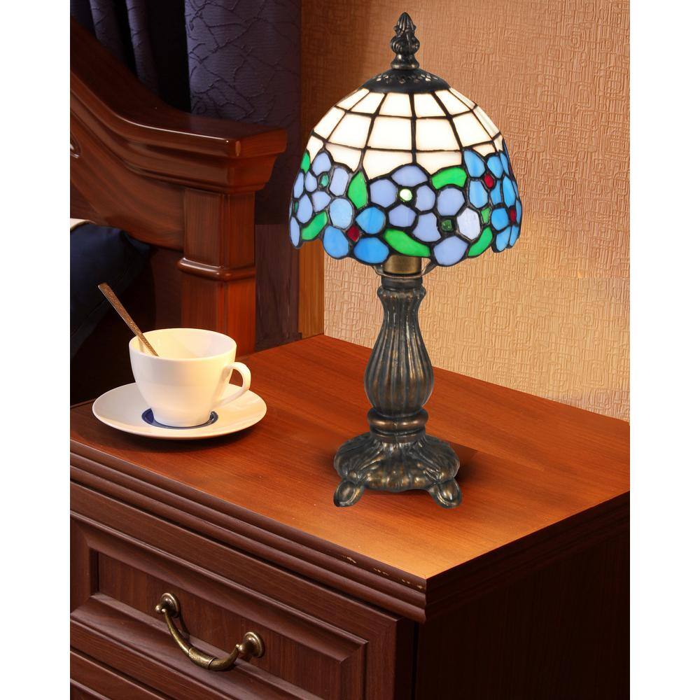 None 12.5 in. Antique Brass Accent Lamp with Hand Rolled Art Glass