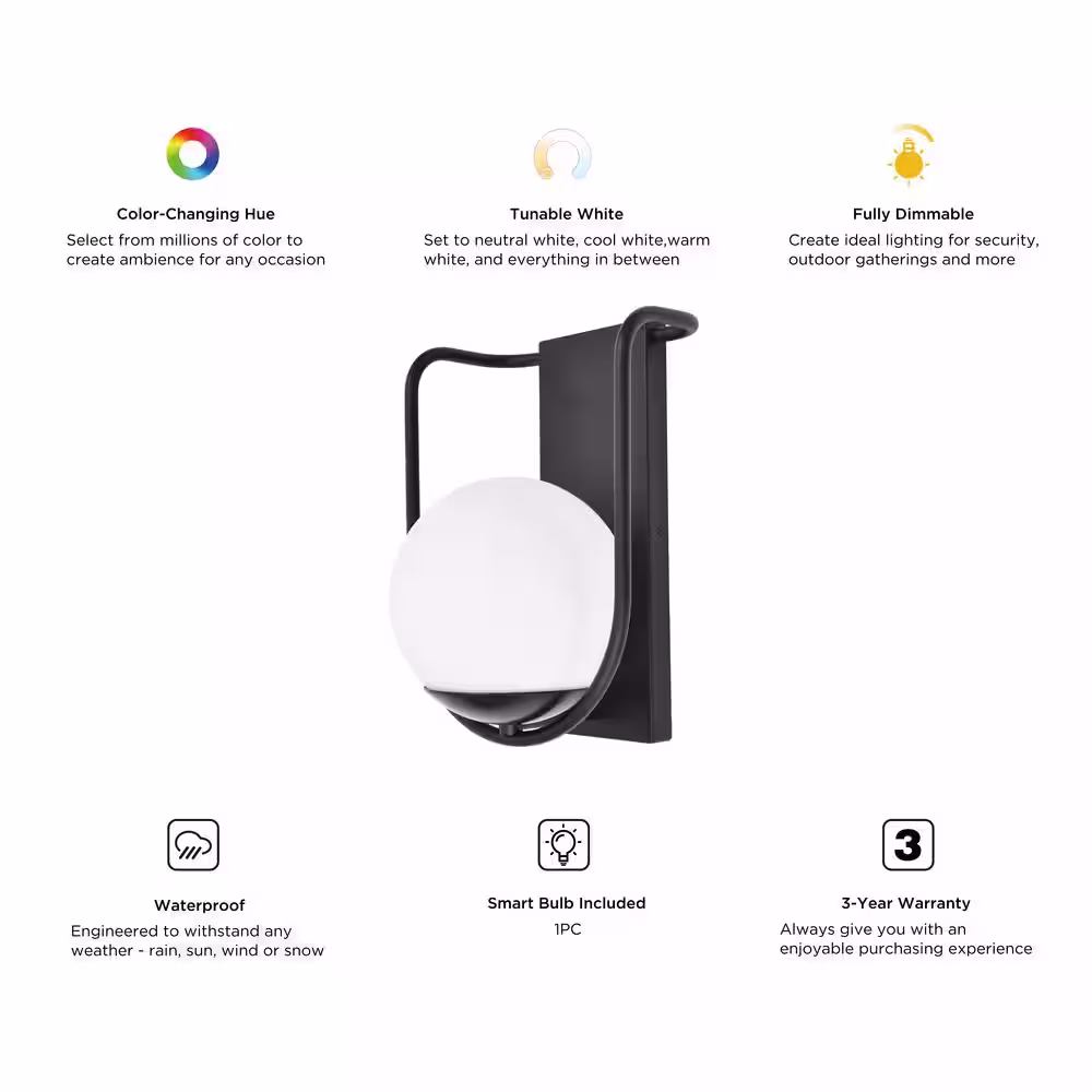 LUTEC 1-Light Black Outdoor Smart WiFi Wall Mount Lantern Sconce with A19 Smart Light Bulb Included
