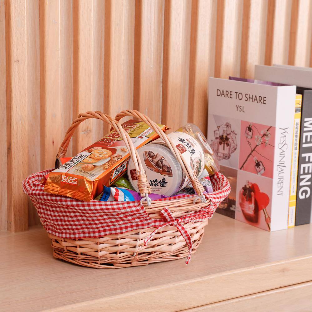 Vintiquewise 13 in. x 10.25 in. x 4.75 Oval Willow Basket with Double Drop Down Handles and Red White Plaid Lining
