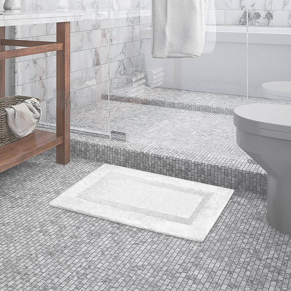 None White 21 in. x 34 in. Inset Border Cotton Bath Mat