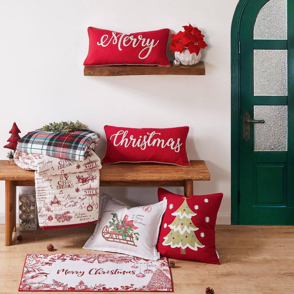 None Yuletide Red White Christmas Toile Quilted Cotton Throw Blanket