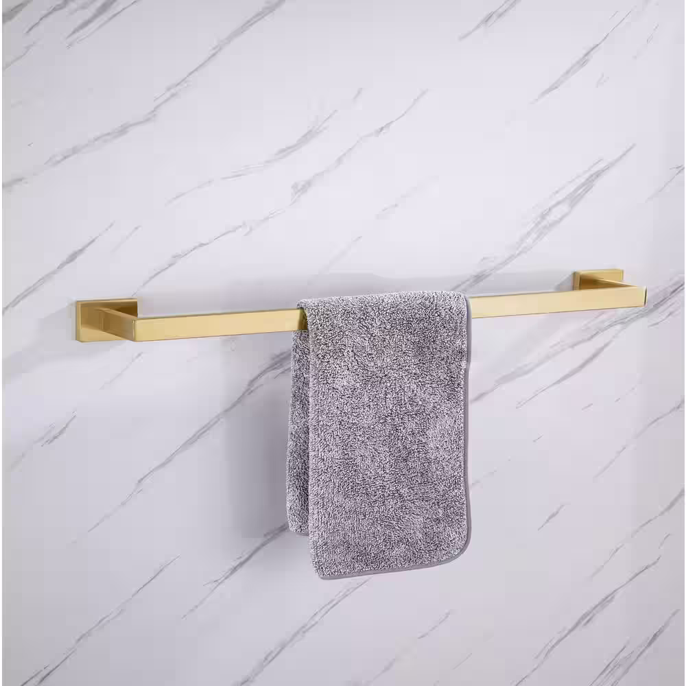 RAINLEX 4-Piece Bath Hardware Set with Hook Towel Ring, Toilet Paper Holder 24 in. and 8 in. Towel Bar in Brushed Gold