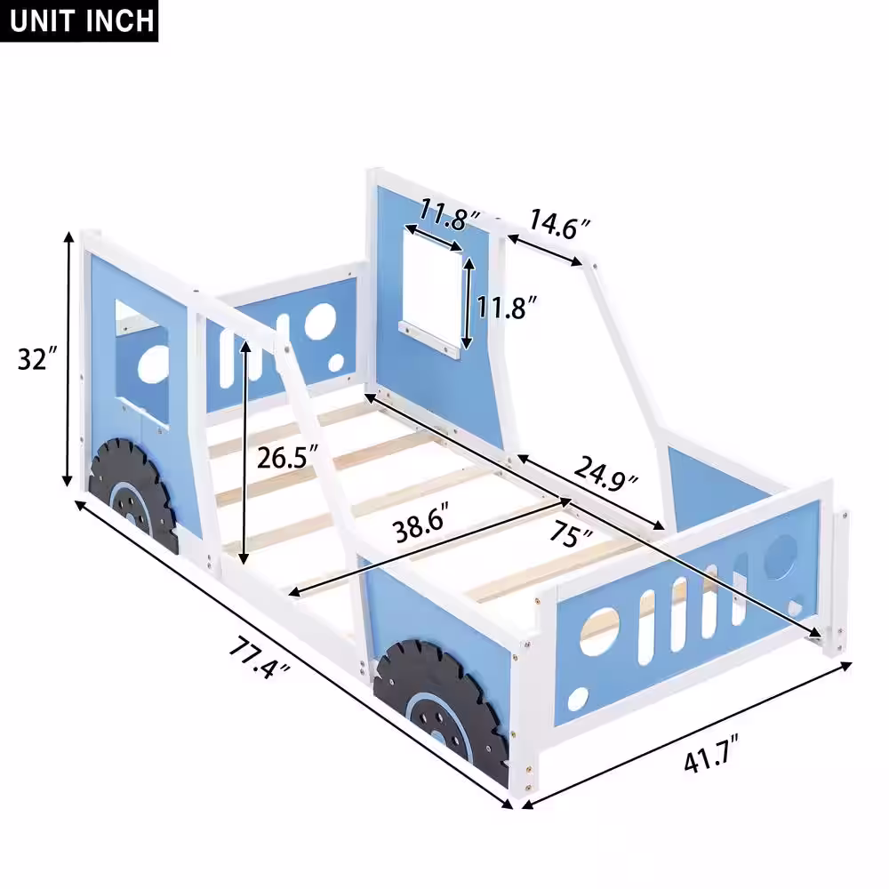 Harper & Bright Designs Blue Twin Wooden Car-Shaped Platform Bed with Wheels