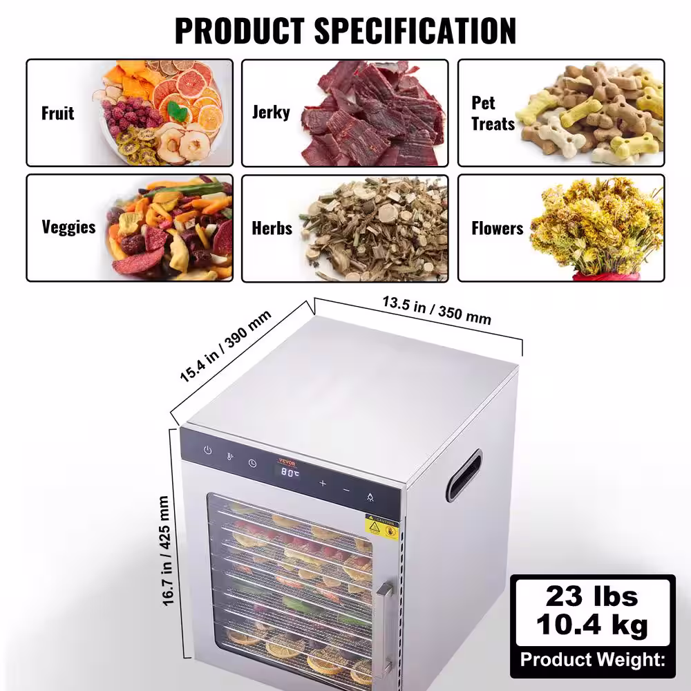 VEVOR Food Dehydrator Machine w/10 Stainless Steel Trays, 800-Watts Silver Food Dryer w/Adjustable Temperature, FDA Listed