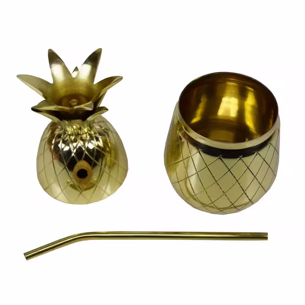Oakland Living Handcrafted Six Piece Party Set 100% Copper 17 oz. Mule Cups and Two 16 oz. Brass Pineapple Cup Shakers, 6-Straws