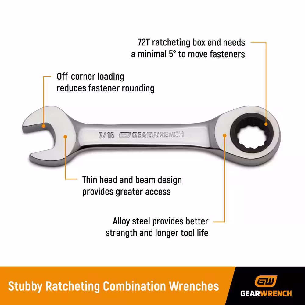 GEARWRENCH 10 mm Metric 72-Tooth Stubby Combination Ratcheting Wrench
