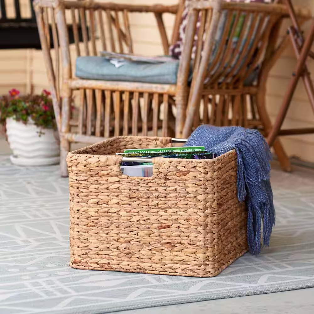 HOUSEHOLD ESSENTIALS Hyacinth 14.5 in. H x 14.5 in. W x 11 in D Wicker Basket with Metal Frame