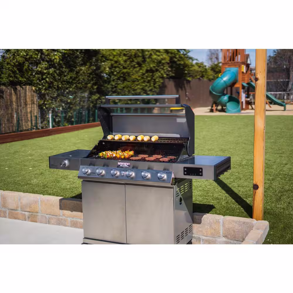 Monument Grills Denali 6-Burner Propane Gas Grill in Stainless with Clearview Lid, 3-Phase LED Controls and Side Burner Box A