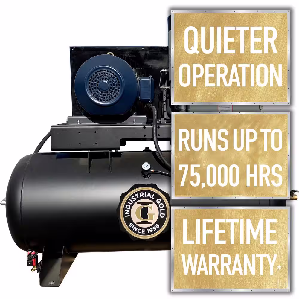 None Industrial Gold 120 Gal. 25 HP Rotary Screw 3-Phase Low RPM 150 PSI Electric Air Compressor with Quiet Operation