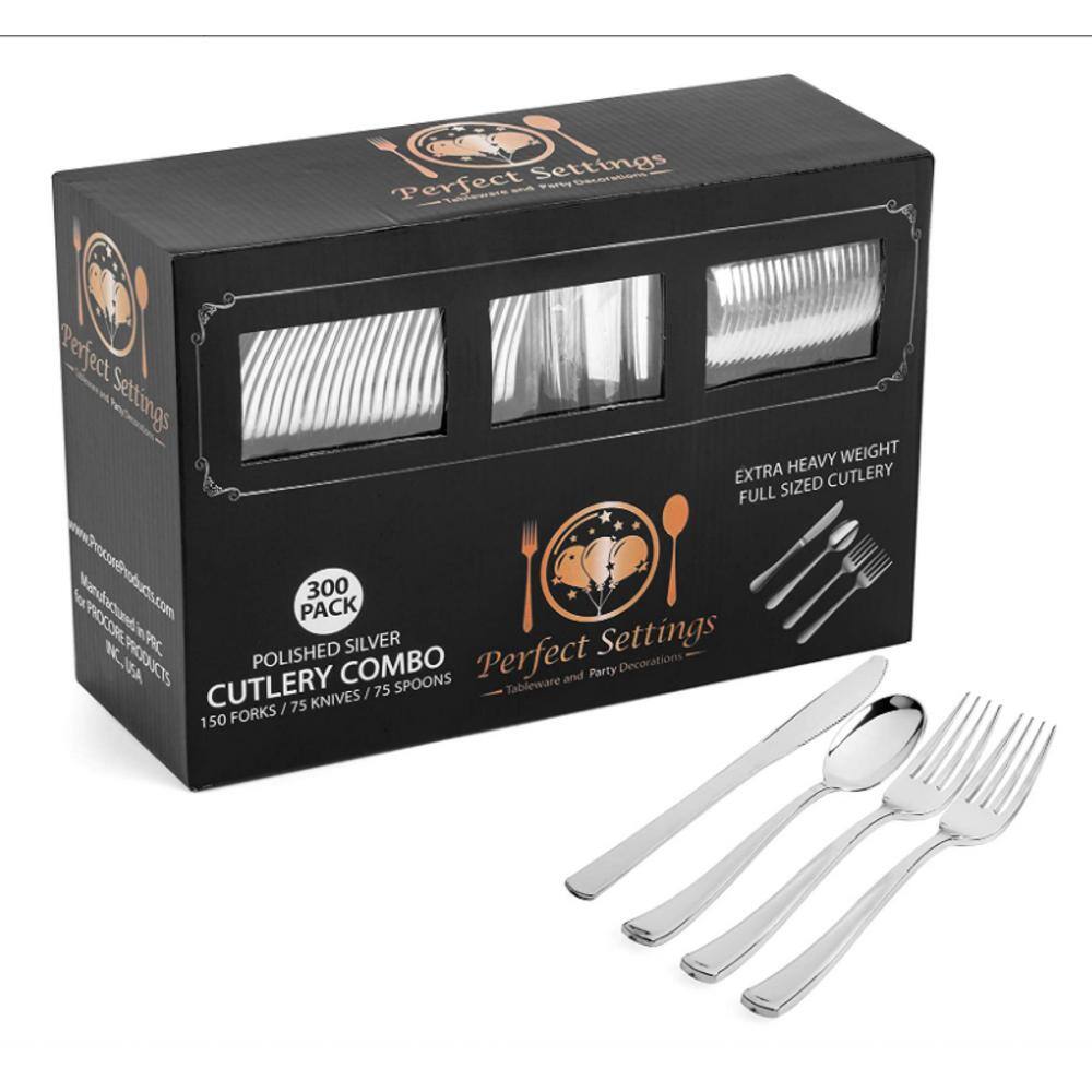 None Smooth 300 Piece Silver Disposable Plastic Flatware Cutlery Set (Service for 75)