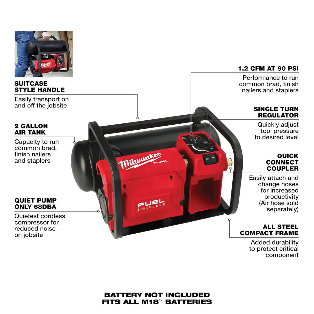 Milwaukee M18 FUEL 18-Volt Lithium-Ion Brushless Cordless 2 Gal. Electric Compact Quiet Compressor W/ 5.0 Ah Battery