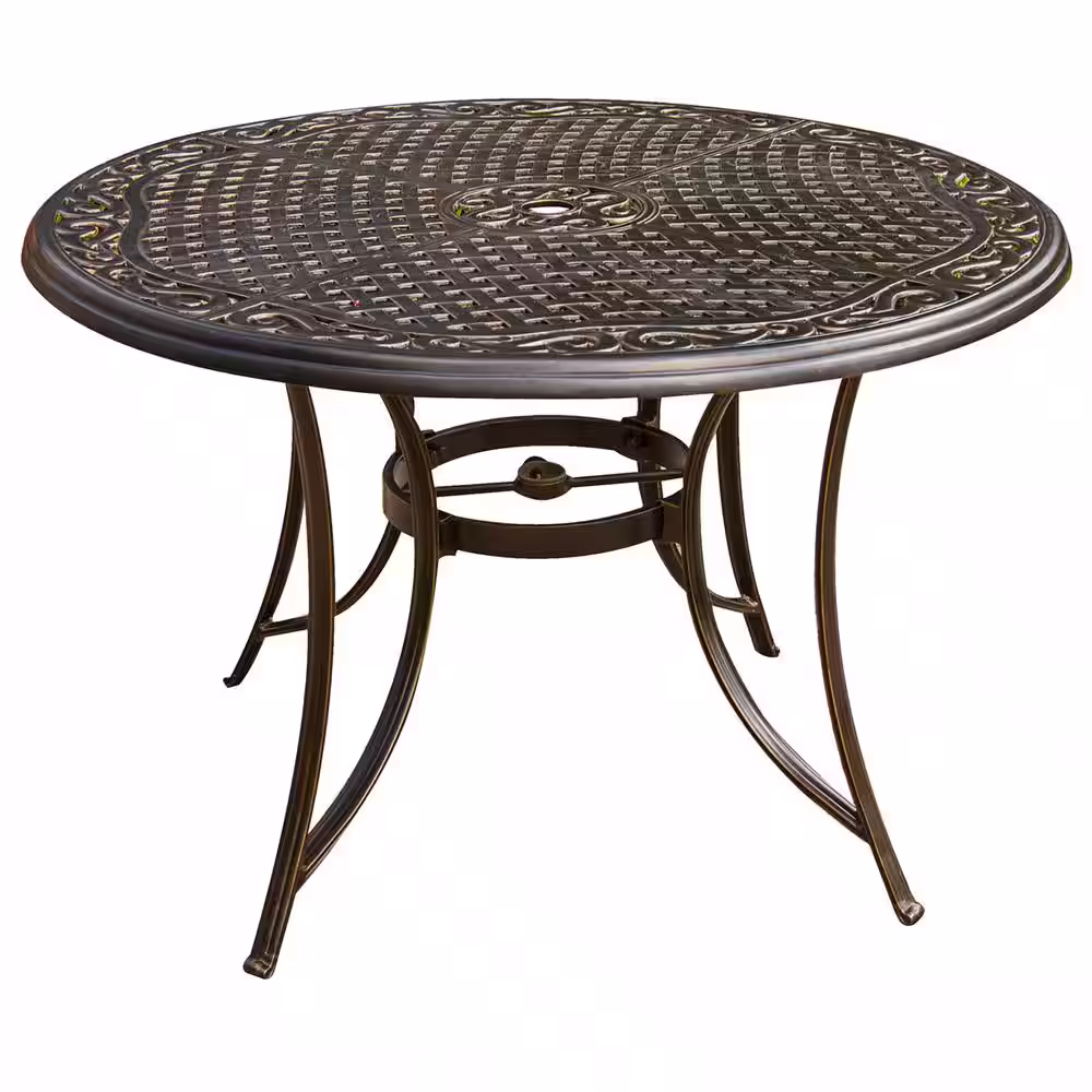 Cambridge Seasons 7-Piece Metal Outdoor Dining Set in Tan with Cushions 6 Swivel Chairs and a 56-In. Cast-Top Table