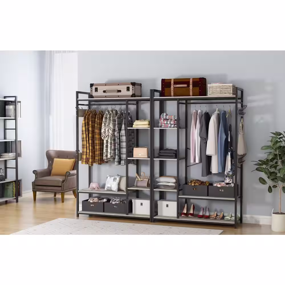 None Grey Particle Board Free-Standing Closet Organizer with Storage Box and Side Hook, Portable Clothes Rack with 6-Shelves