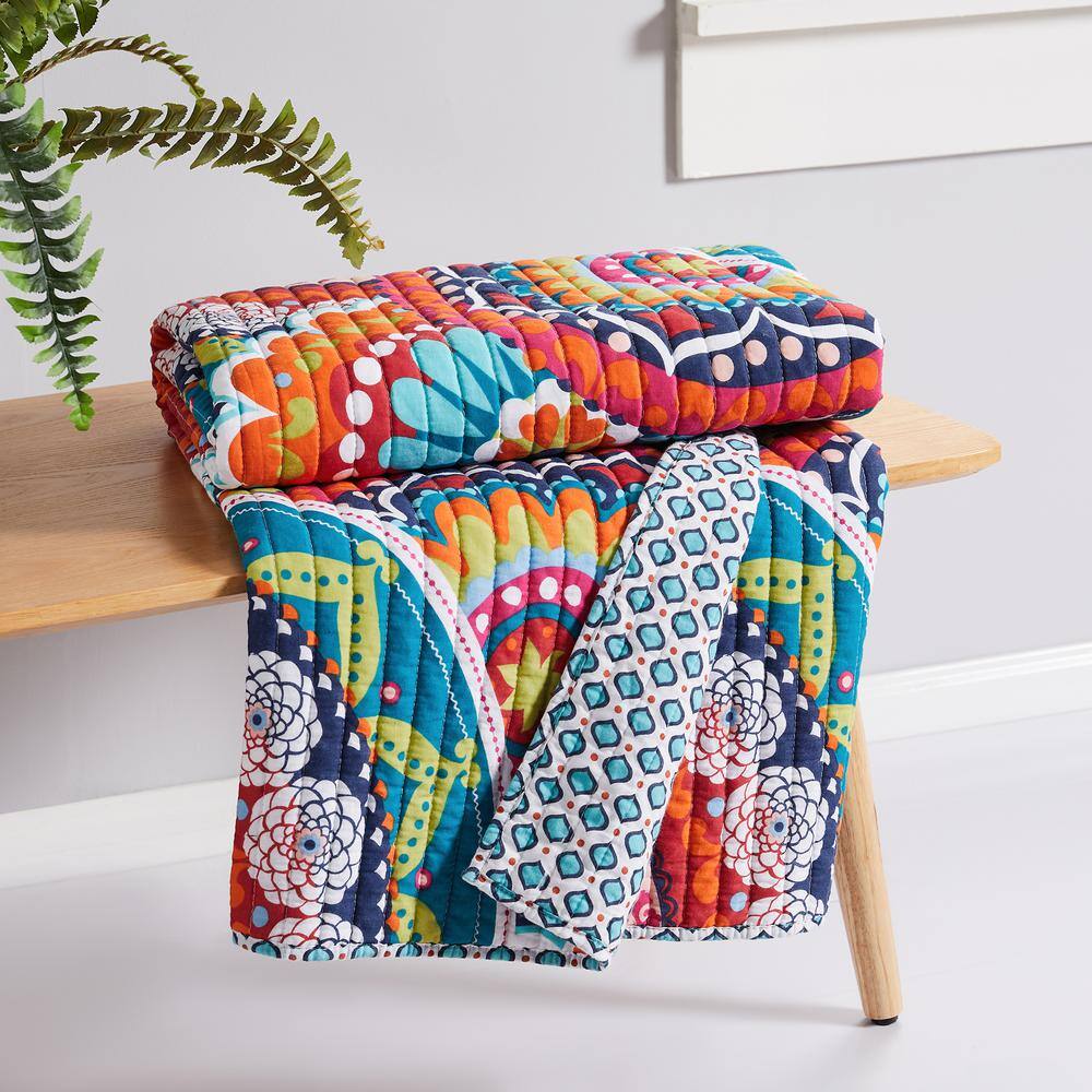 None Serendipity Multi-Color Floral Mandala Quilted Cotton Throw Blanket