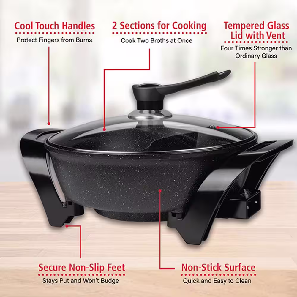 Brentwood 6 Qt. Black Electric Shabu Shabu Pot with Divider