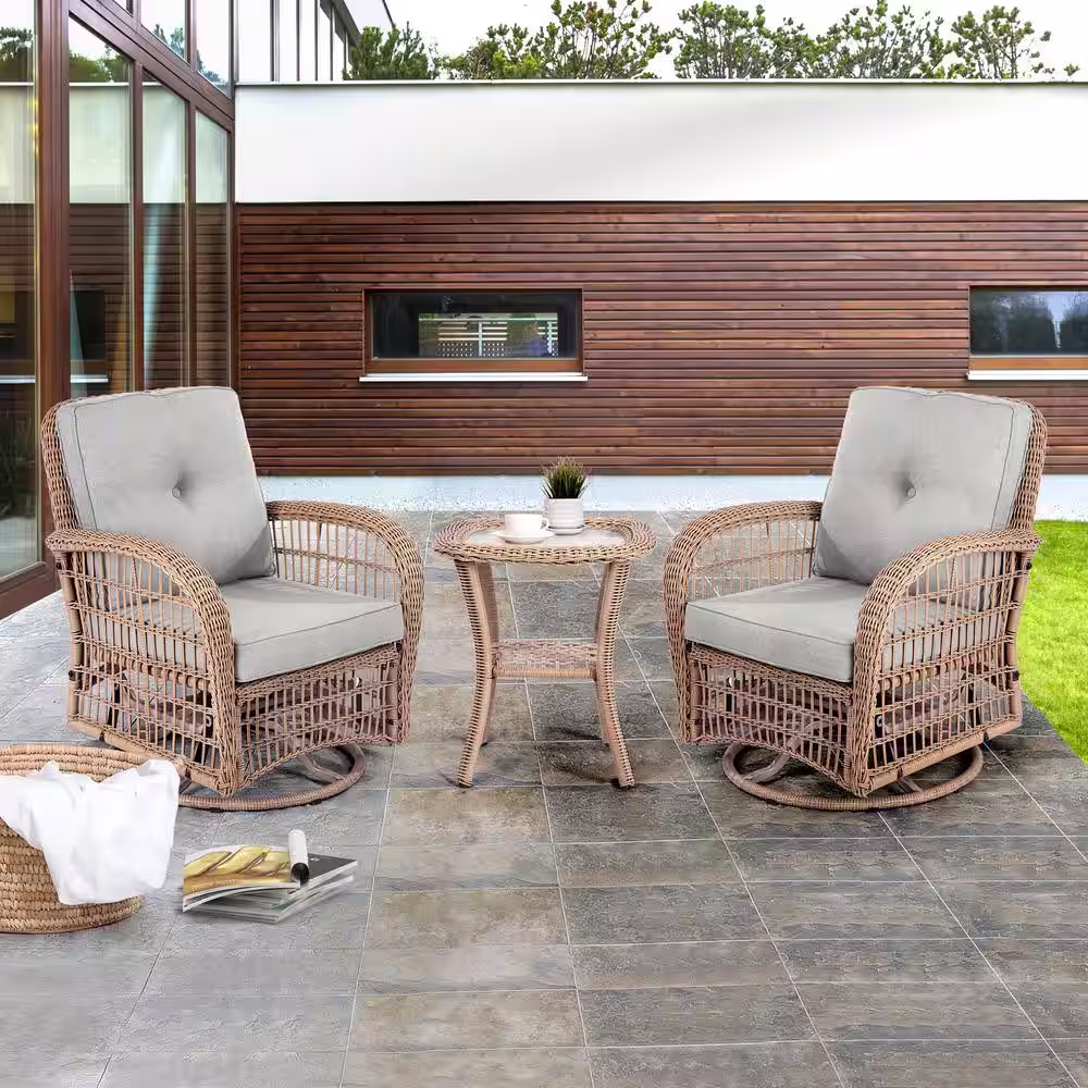 None Steel Frame 3-Piece Natural Wicker Square Table Bar Height Outdoor Bistro Set with Gray Cushions
