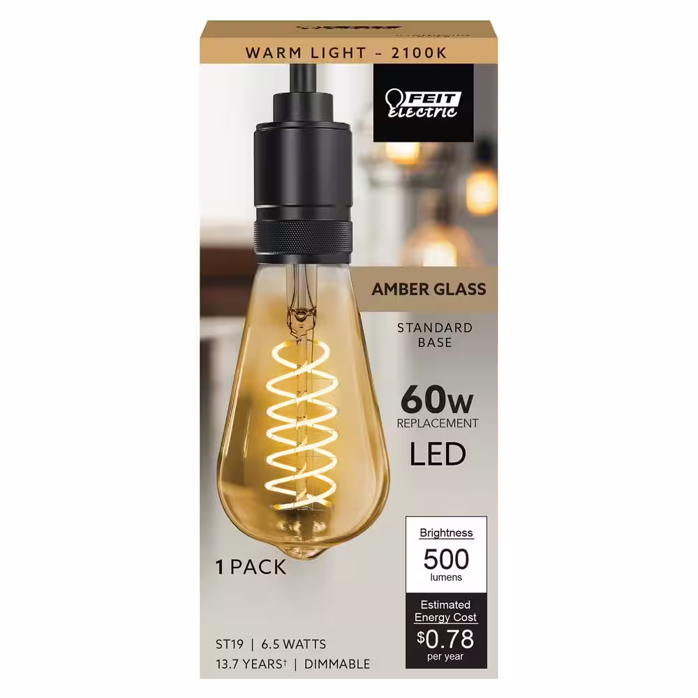 Feit Electric 60-Watt Equivalent ST19 Dimmable Spiral Filament Amber Glass E26 Vintage Edison LED Light Bulb, Warm White (12-Pack)