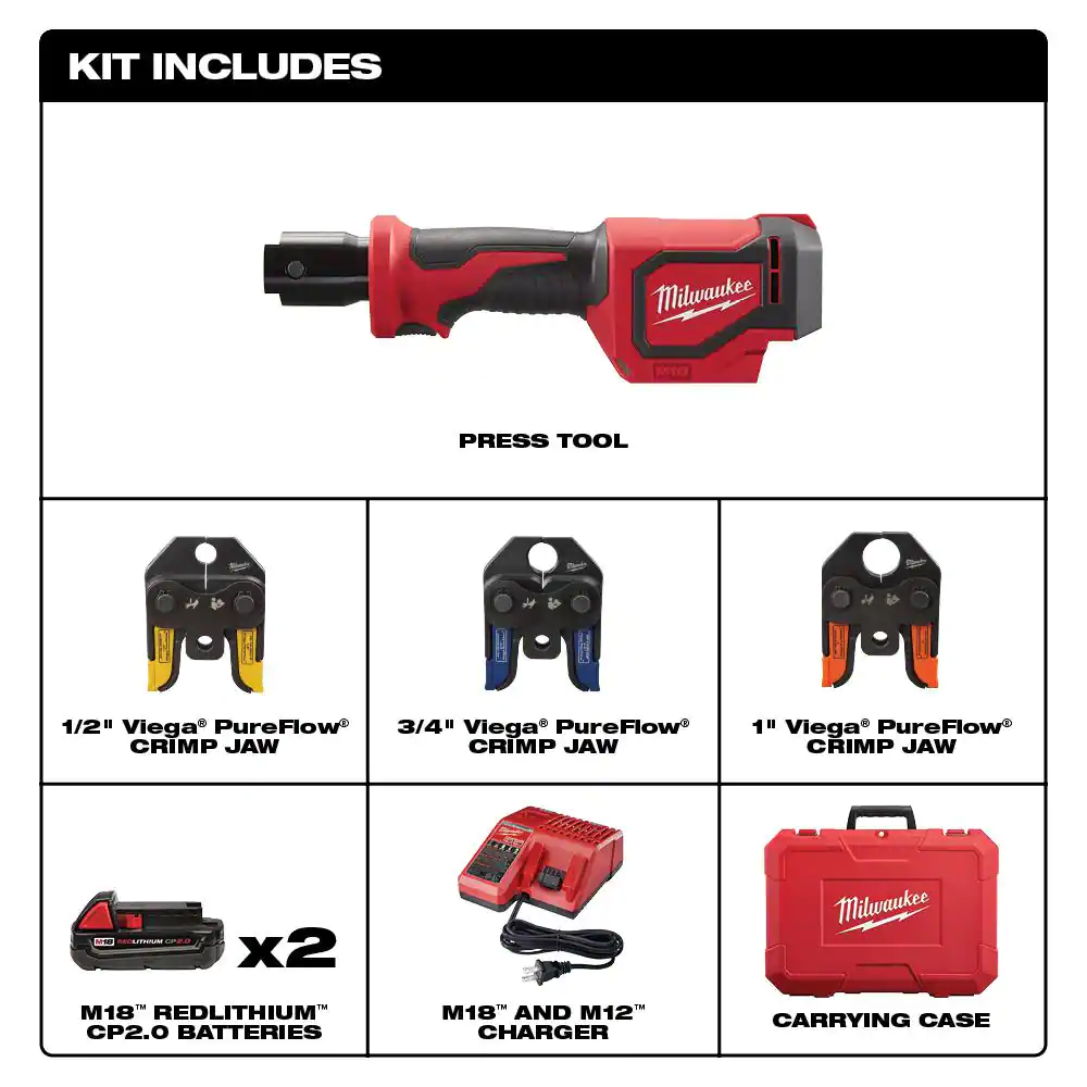 Milwaukee M18 18V Lithium-Ion Cordless Short Throw PEX Press Tool Kit w/ (3) Viega PureFlow Jaws,(2) 2.0Ah Batteries & Charger