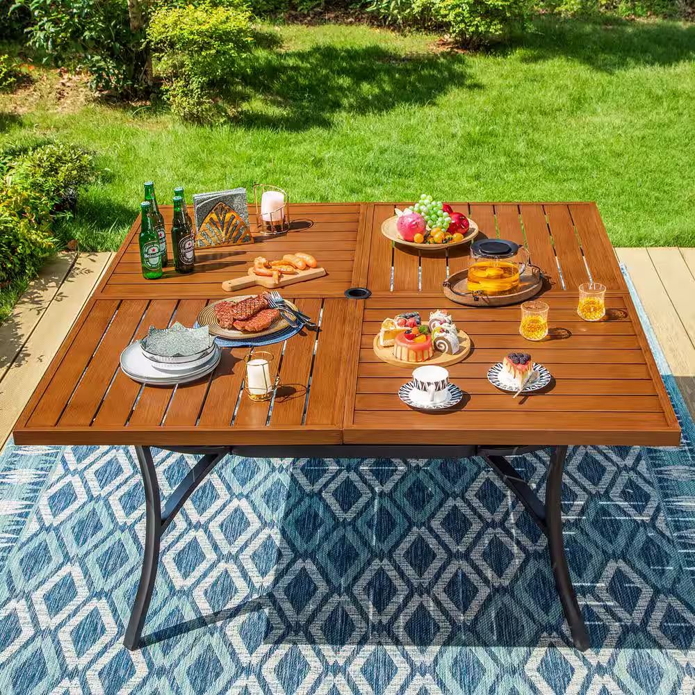 None 9-Piece Metal Outdoor Dining Set with Brwon Square Table and Black Elegant Stackable Chairs