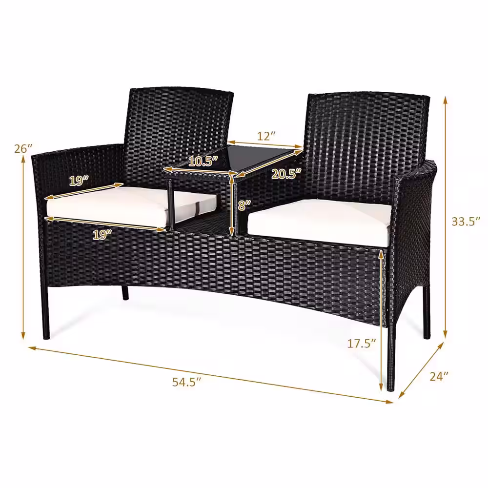 Costway 1-Piece Patio Rattan Loveseat Table Chairs Chat Set Seat Sofa Conversation Set with White Cushions