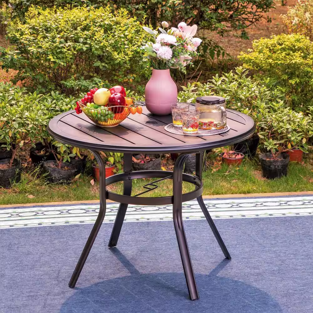 None Black 5-Piece Metal Round Table Patio Outdoor Dining Set with Slat Swivel Chairs with Beige Cushions