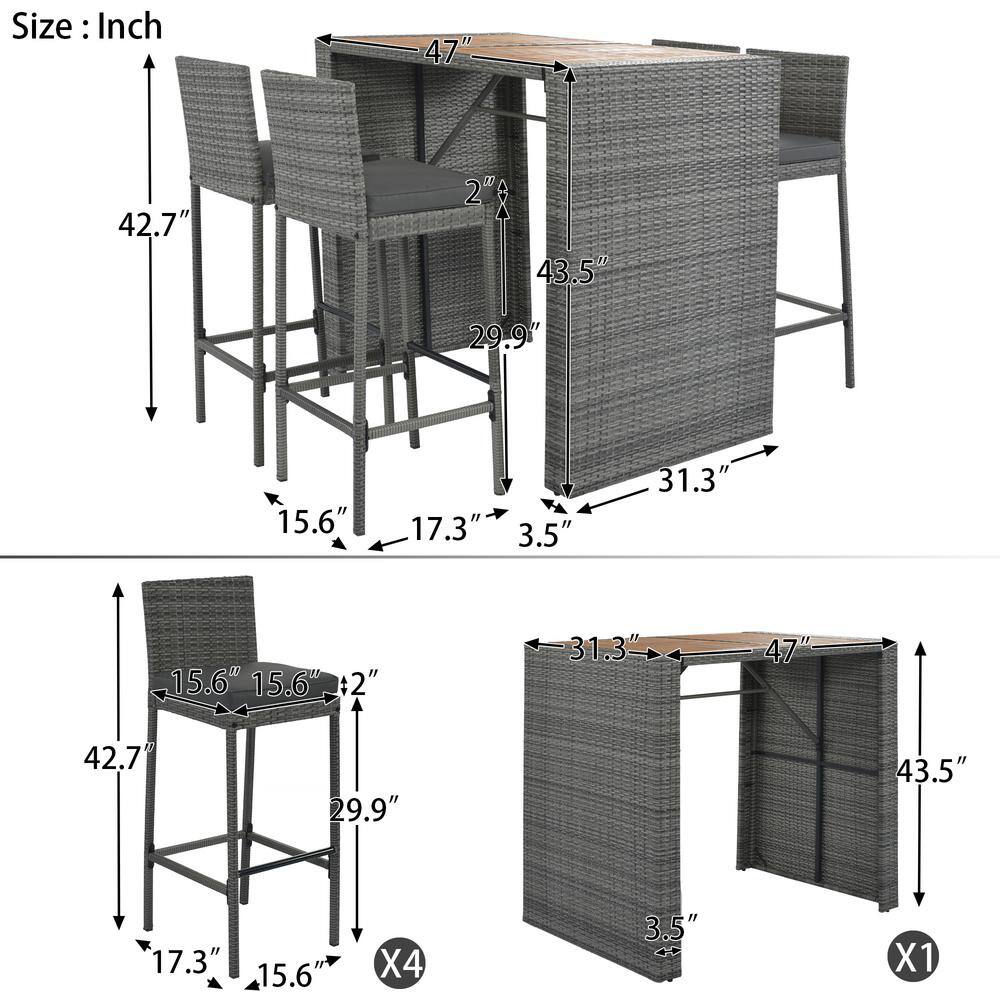 Harper & Bright Designs 5-Piece Gray Wicker Outdoor Dining Set with Gray Cushions