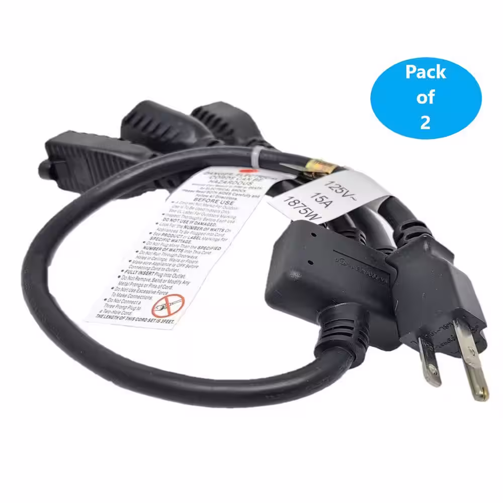 Micro Connectors, Inc 30 in. (2.50 ft.) 1 to 3 Heavy-Duty 14/AWG 3-Conductors Indoor Power Cord Splitter NEMA 5-15P to 5-15R x 3 Black 2-Pack