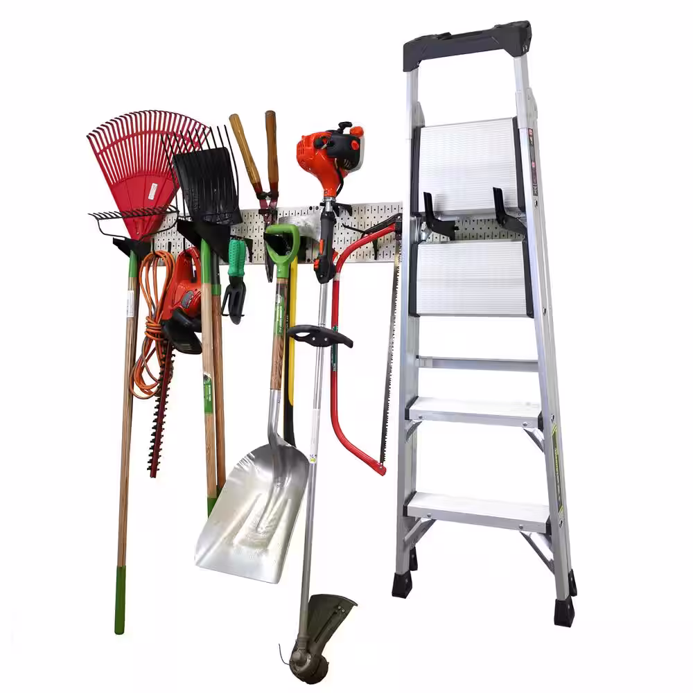 Wall Control 8 in. H x 64 in. W Garage Tool Storage Lawn and Garden Tool Organizer Rack with Tan Beige Metal Pegboard and Black Hooks