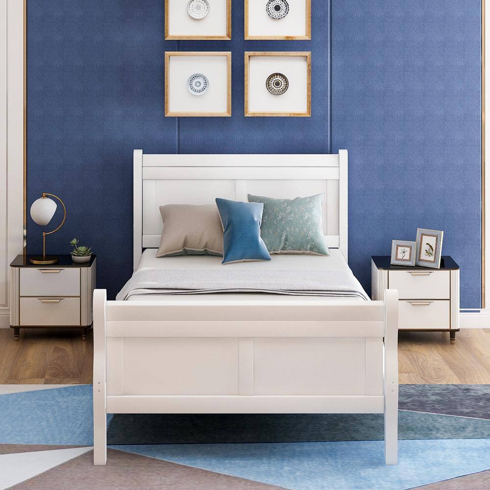None White Twin Size Platform Bed Frame, Twin Wood Bed Frame with Headboard and Footboard for Bedroom Kids, Girls, boys
