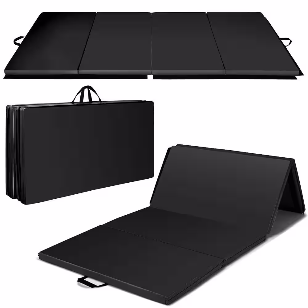 HONEY JOY Black 8 ft. x 4 ft. x 2 in. Folding Gymnastics Mat Four Panels Gym PU Leather EPE Foam (32 sq. ft.)