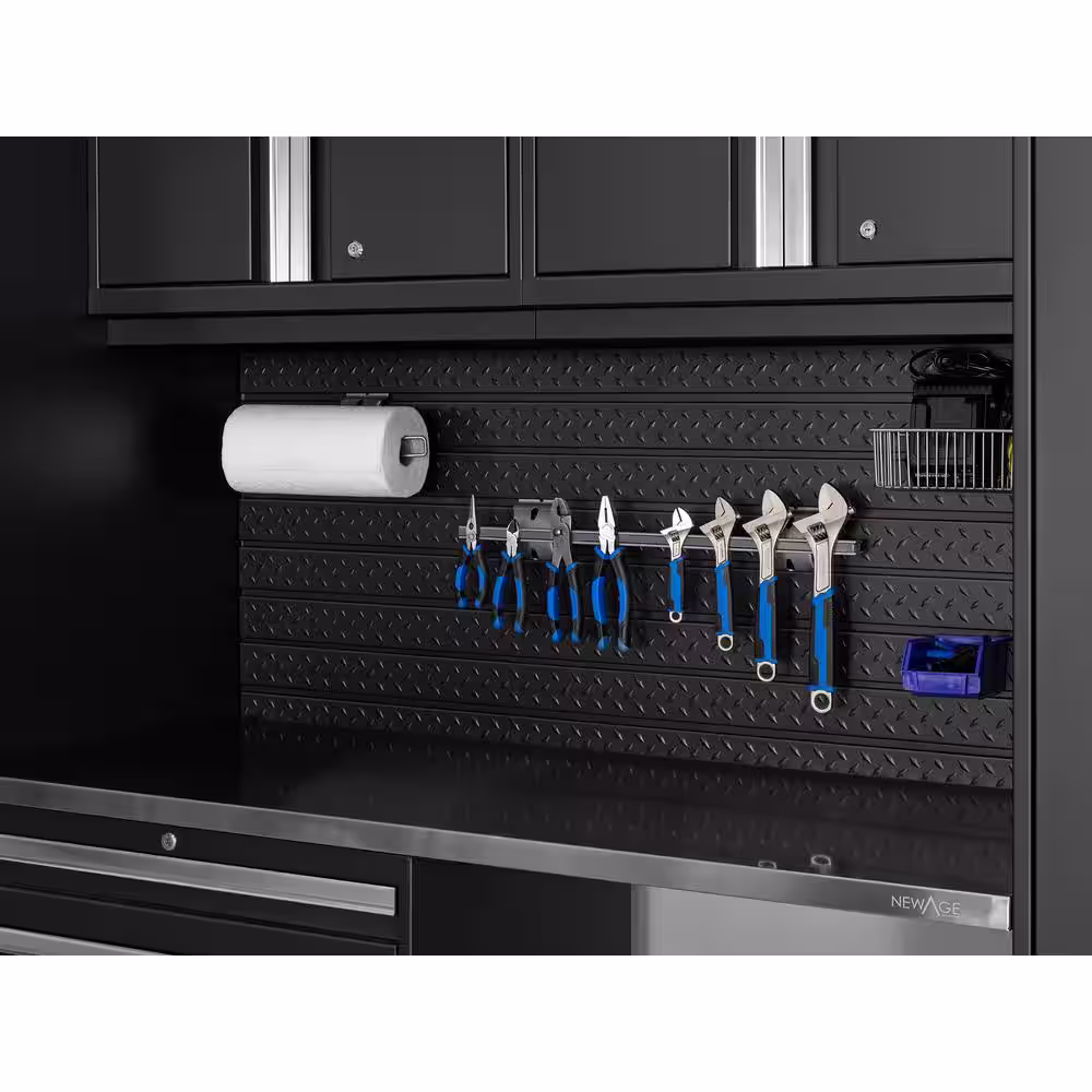 NewAge Products Pro Series 24.5 in. H x 84 in. W Slat Wall Panel Set Diamond Plated Steel Garage Backsplash in Black