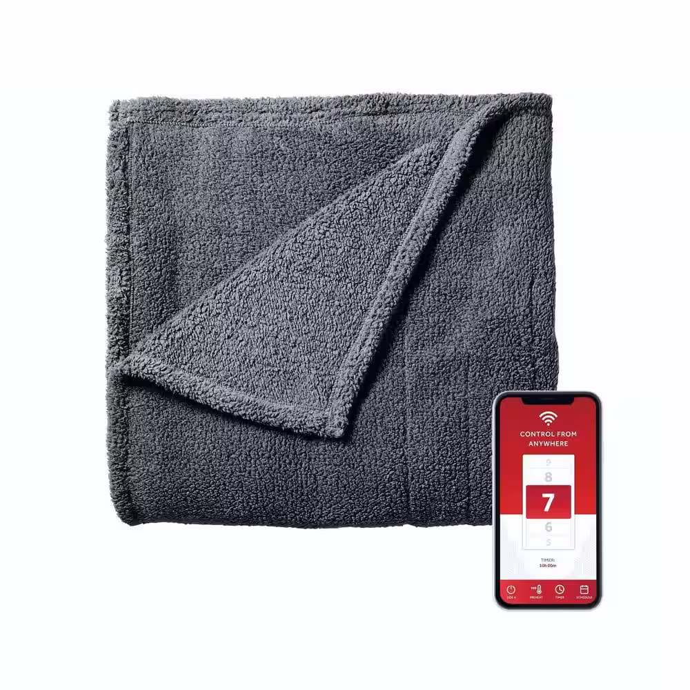 Sunbeam Full Size Slate Electric Lofttec Heated Electric Blanket with Wi-Fi Connection