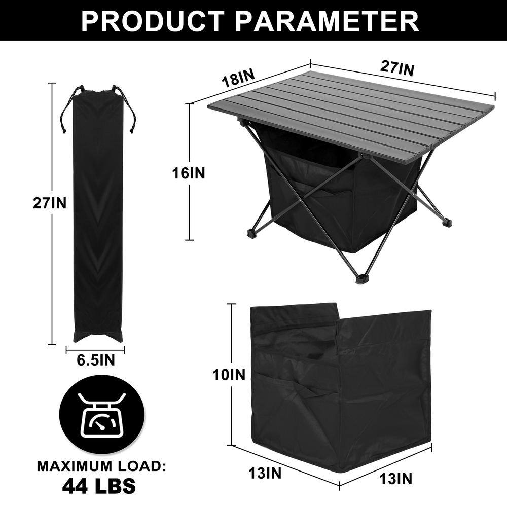 None Black Aluminum Alloy Portable Picnic Table Foldable Table with Storage, Carry Bag for Camping, Hiking, Beach, BBQ