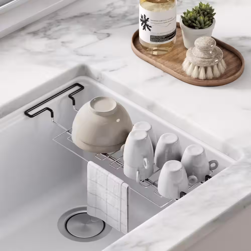 KRAUS 15.9 in. to 18.9 in. Large Kitchen Sink Drying Rack, Sponge Holder, Sink Caddy with Towel Bar in Stainless Steel